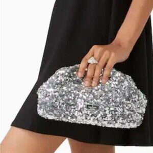 NWT KATE SPADE SCRUNCHY SEQUIN FABRIC CONVERTIBLE CLUTCH SILVER CROSSBODY